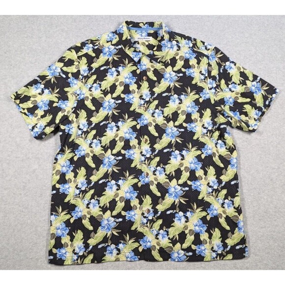 Tommy Bahama Other - Tommy Bahama Men Shirt XL Hawaiian Silk Blue Hibiscus Tonal Chevron‎ Striped S/S